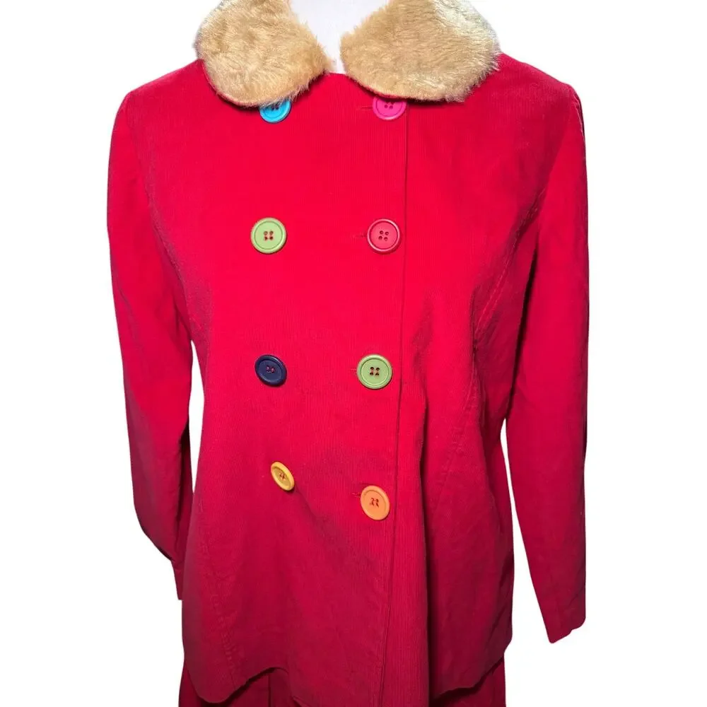 Jellybean Vintage Red Corduroy Skirt Suit Faux Fur Collar, Girls Plus 14.5, NWT
